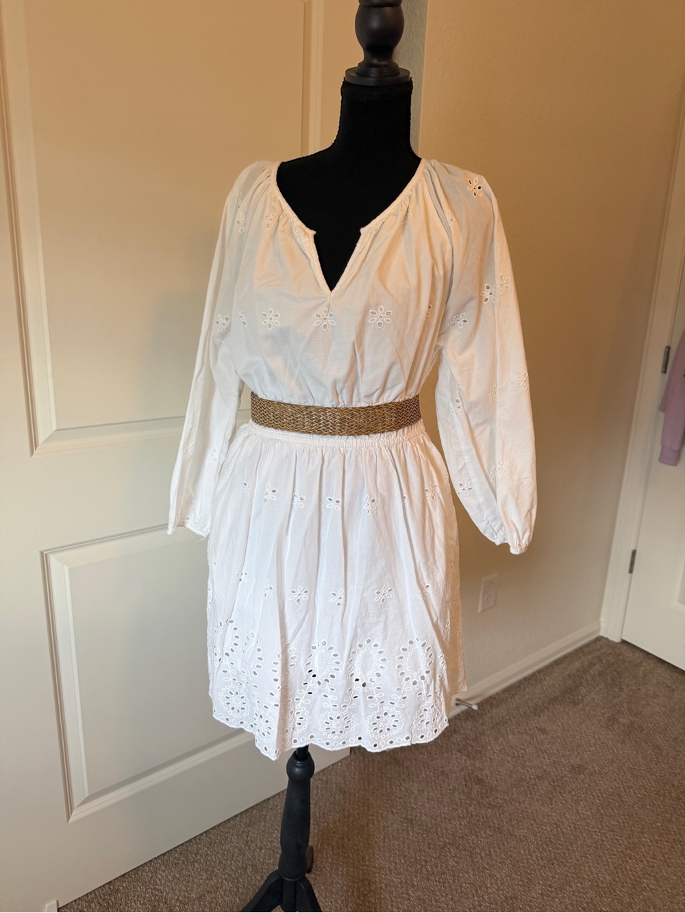 White Eyelet Cotton Peasant Dress